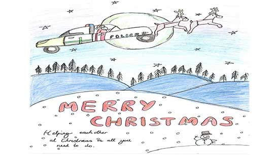 Card showing santa in police car towed by reindeer
